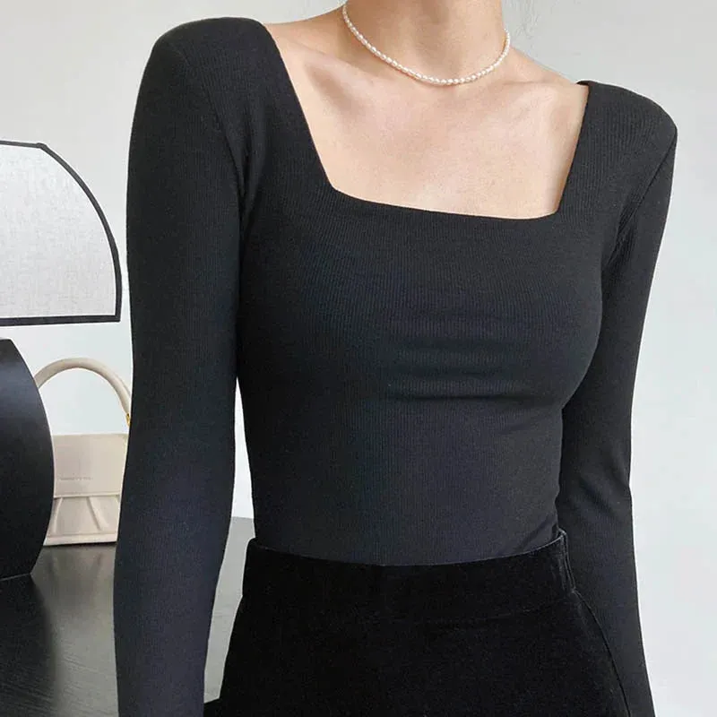 Slim-fit Square-neck Bottoming Shirt Long Sleeve Tee