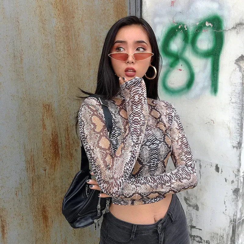 Snake Print Sheer Long Sleeve Tee in Green