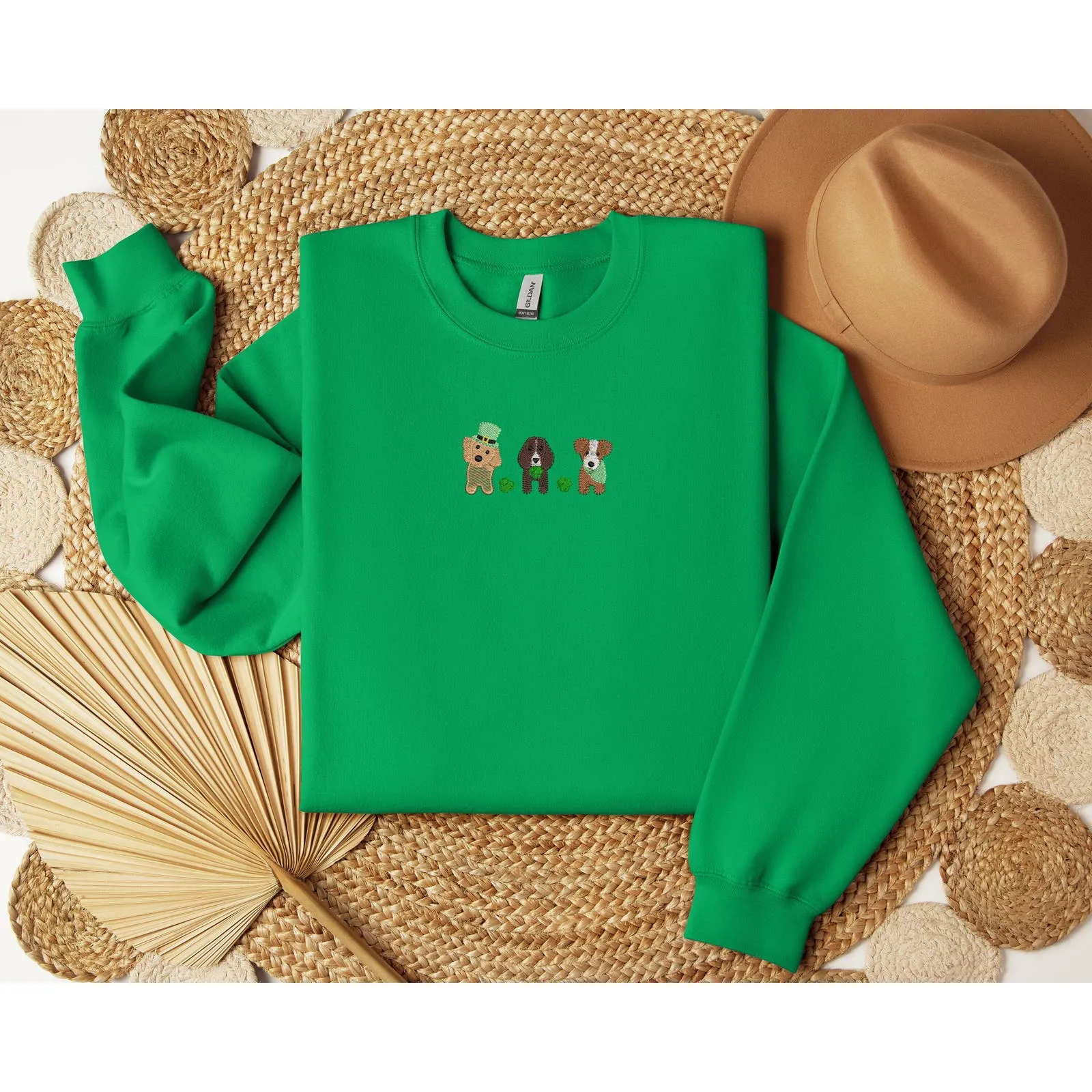 St. Pactrick’s Day Puppy Trio Sketch Embroidery Crewneck Sweatshirts, Dog Embroidery Shamrock Sweatshirts, Puppy embroidery sweatshirts