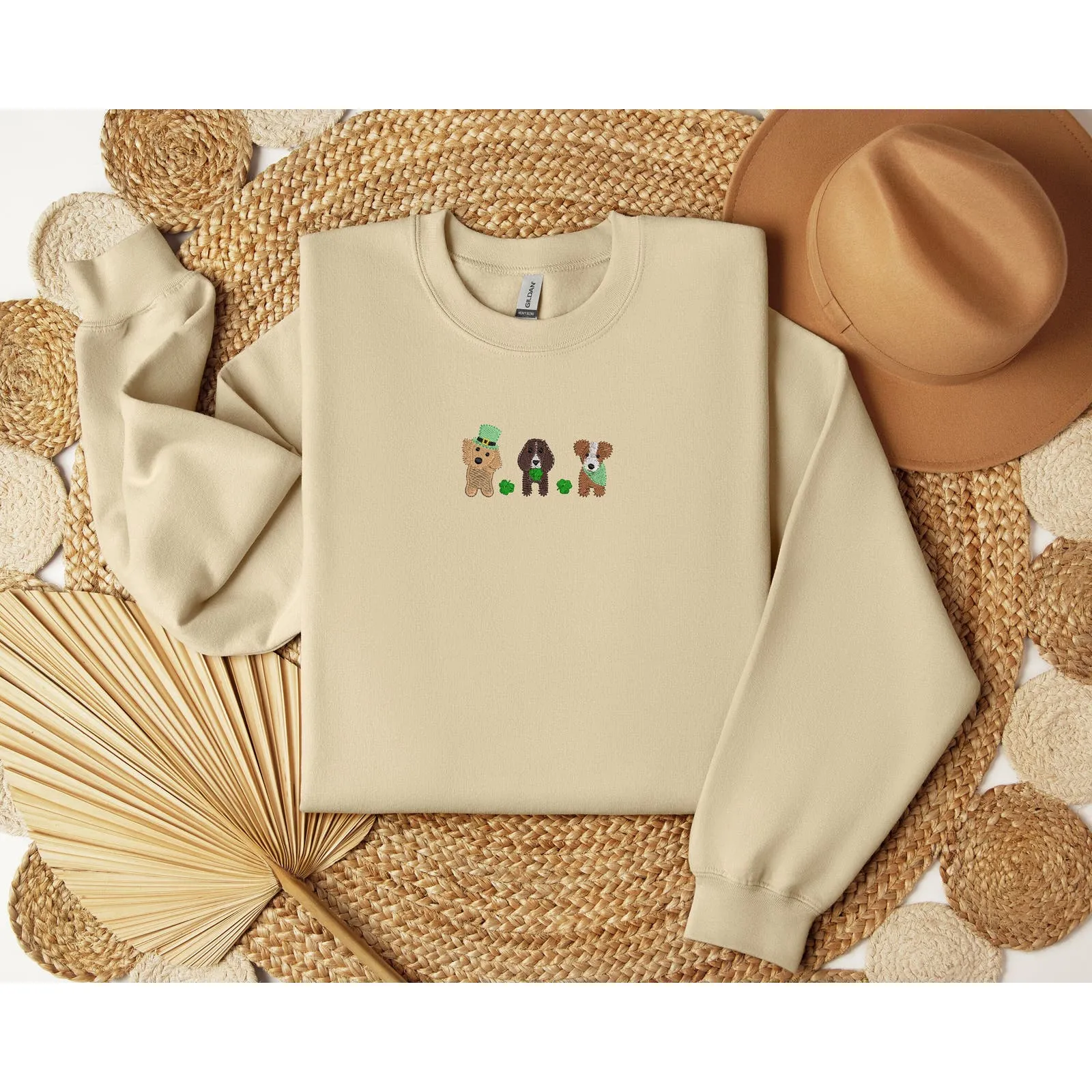 St. Pactrick’s Day Puppy Trio Sketch Embroidery Crewneck Sweatshirts, Dog Embroidery Shamrock Sweatshirts, Puppy embroidery sweatshirts