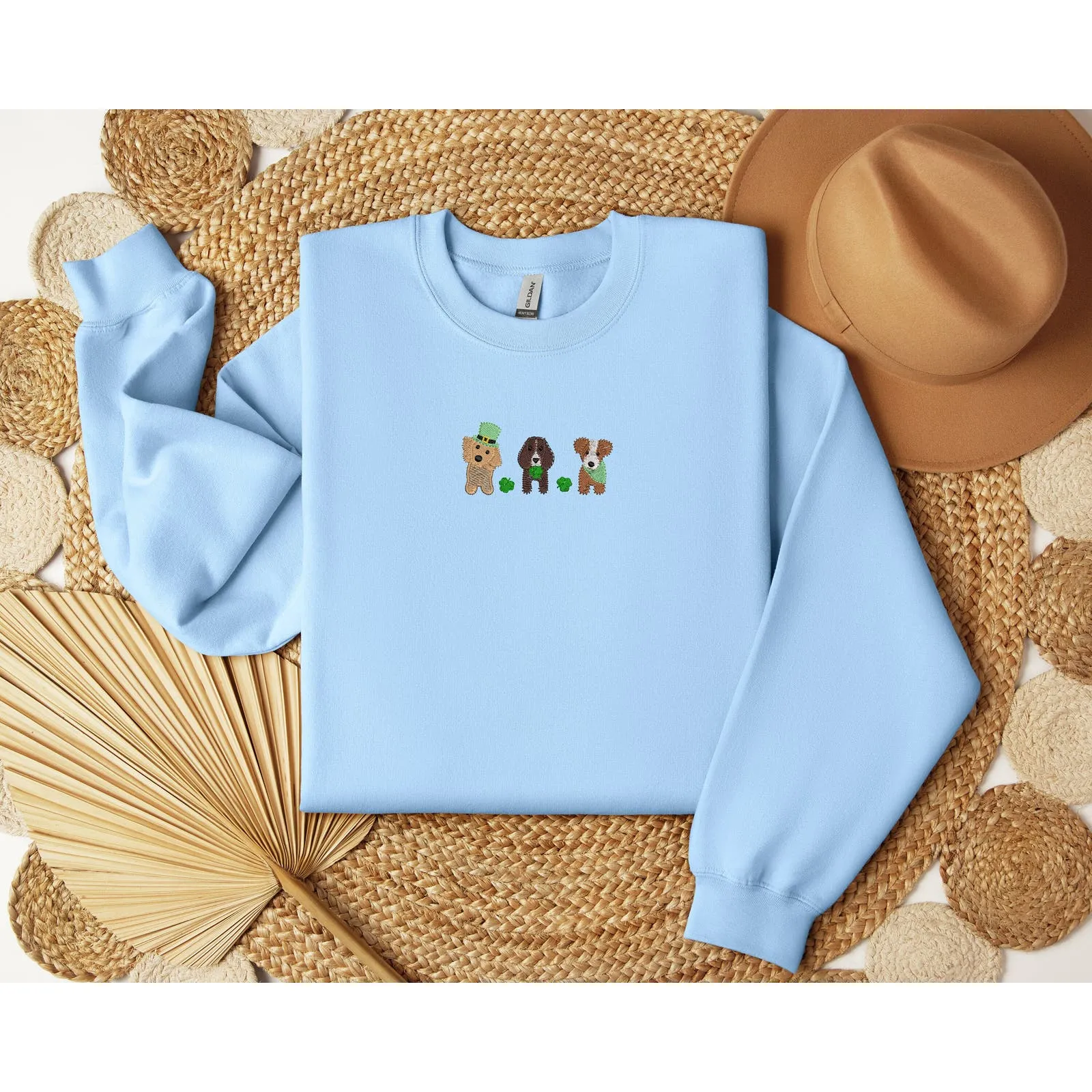 St. Pactrick’s Day Puppy Trio Sketch Embroidery Crewneck Sweatshirts, Dog Embroidery Shamrock Sweatshirts, Puppy embroidery sweatshirts