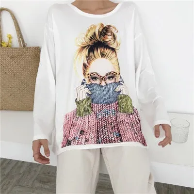 VenusFox Women cartoon print Oversized Graphic Casual Boyfriend T-Shirts