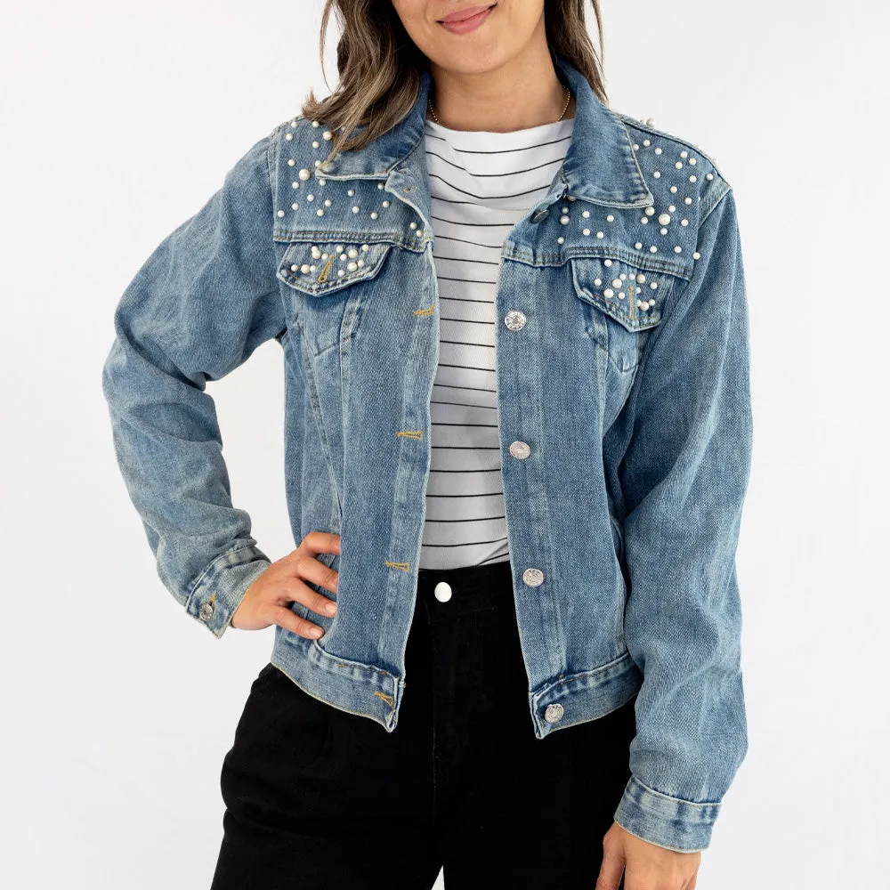 (White Pearl) Patch  Jean Jacket with Pearls