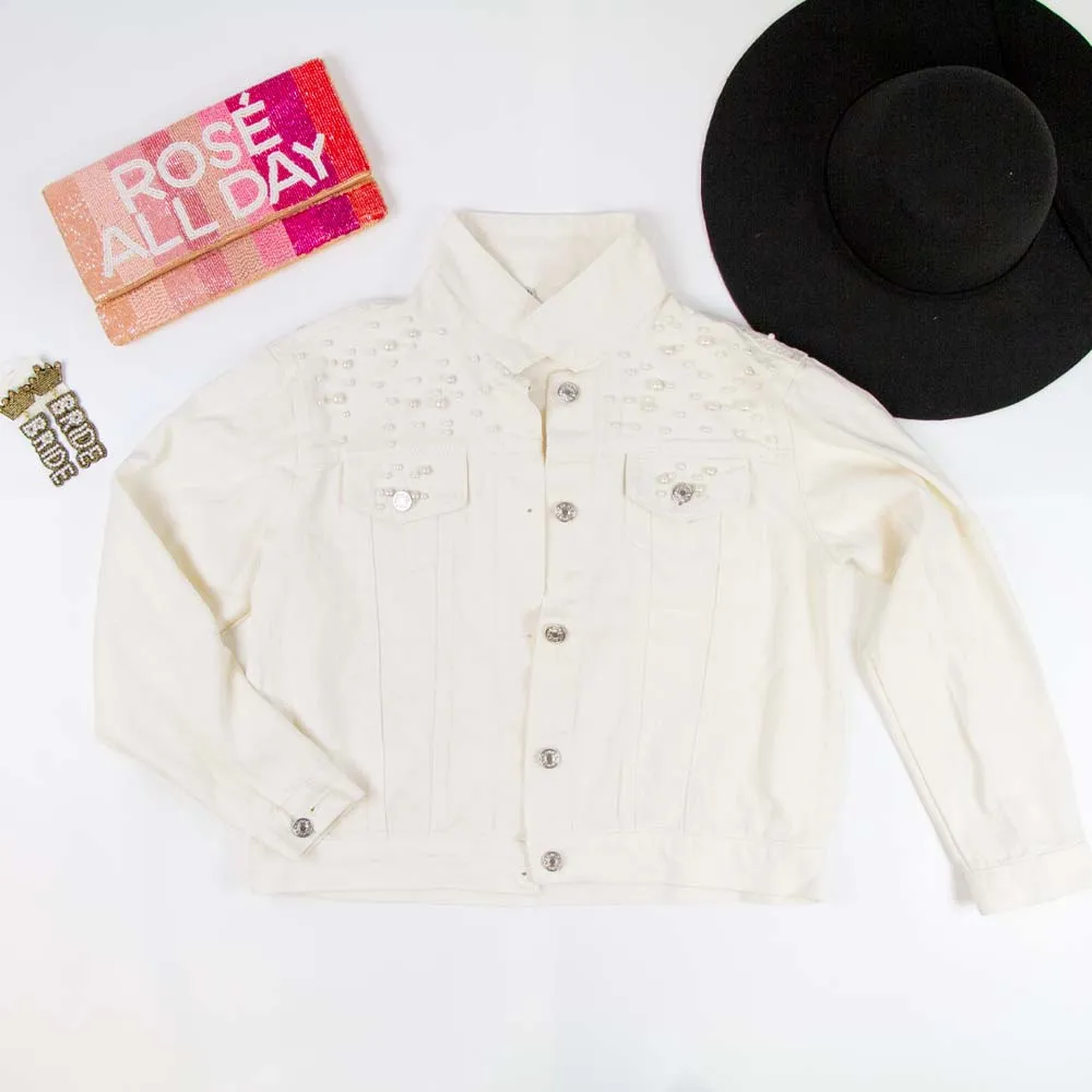 (White Pearl) Patch  Jean Jacket with Pearls