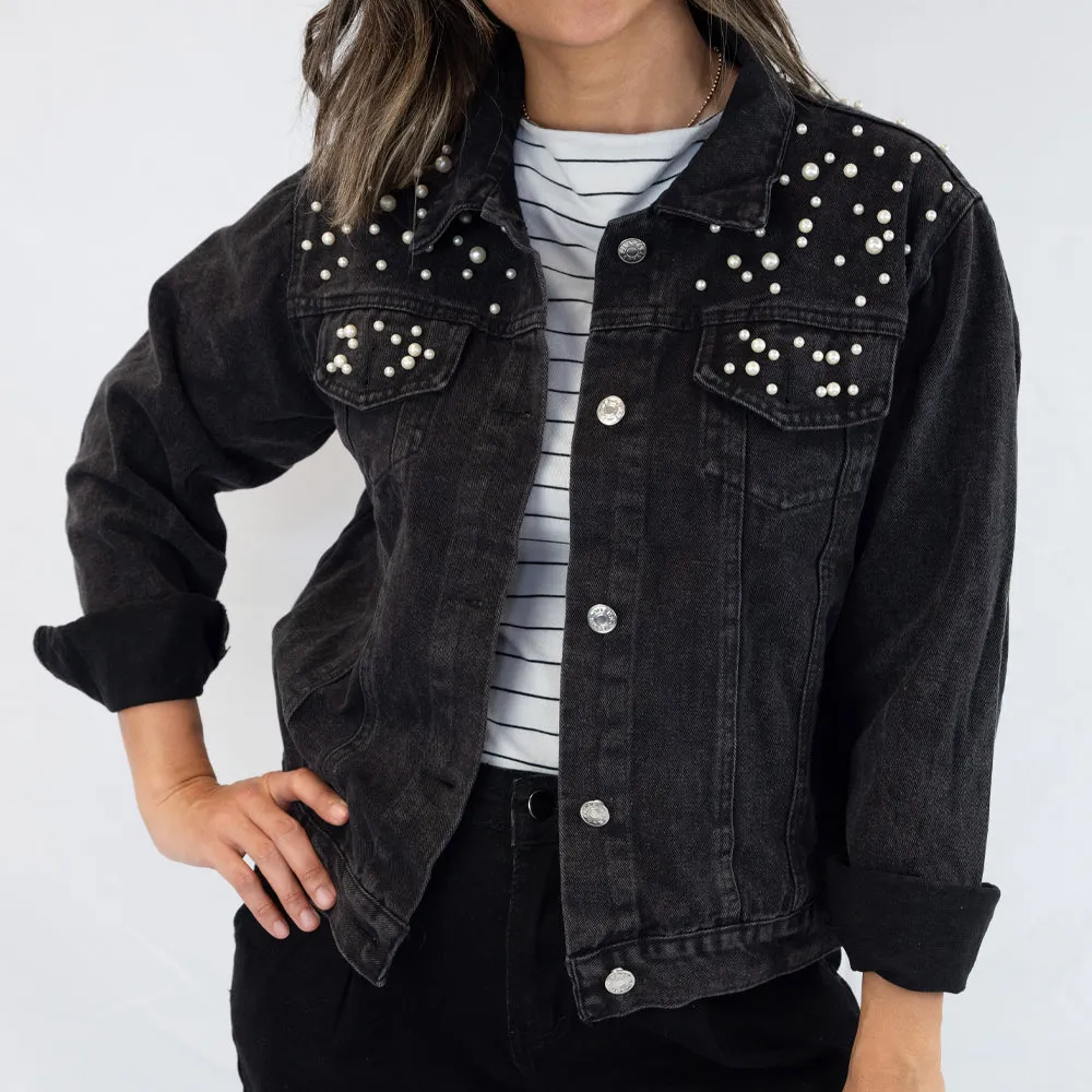 (White Pearl) Patch  Jean Jacket with Pearls