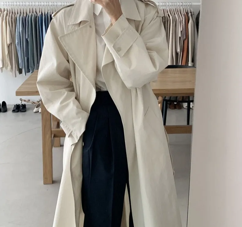 Wjczt Elegant Lapel Oversized Women Trench Coats Long Sleeve Loose Belted Sashes Female Solid Windbreaker 2021 Autumn Winter