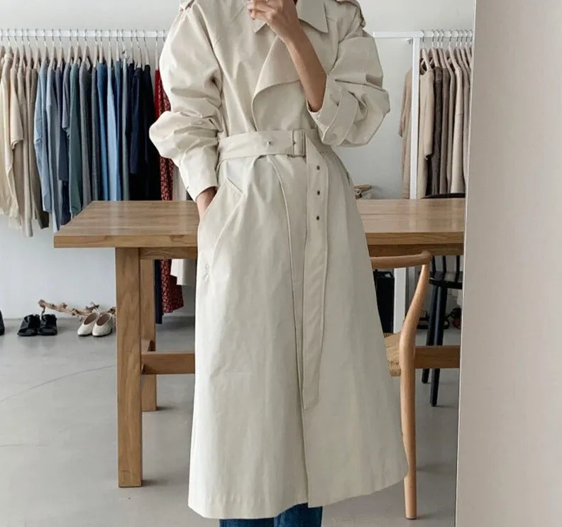 Wjczt Elegant Lapel Oversized Women Trench Coats Long Sleeve Loose Belted Sashes Female Solid Windbreaker 2021 Autumn Winter