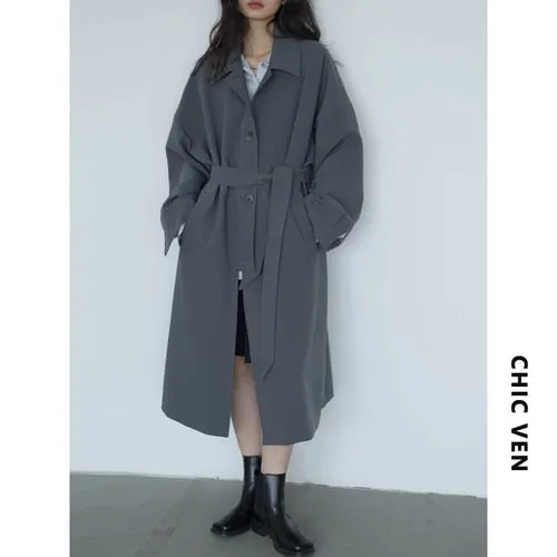 Wjczt Women's Long Trench Coat Single-breasted Casual Belted Waist Women Windbreaker Overcoat Female Cloth Spring Autumn 2022